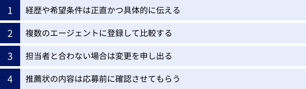 経歴や希望条件は正直かつ具体的に伝える、複数のエージェントに登録して比較する、担当者と合わない場合は変更を申し出る、推薦状の内容は応募前に確認させてもらう