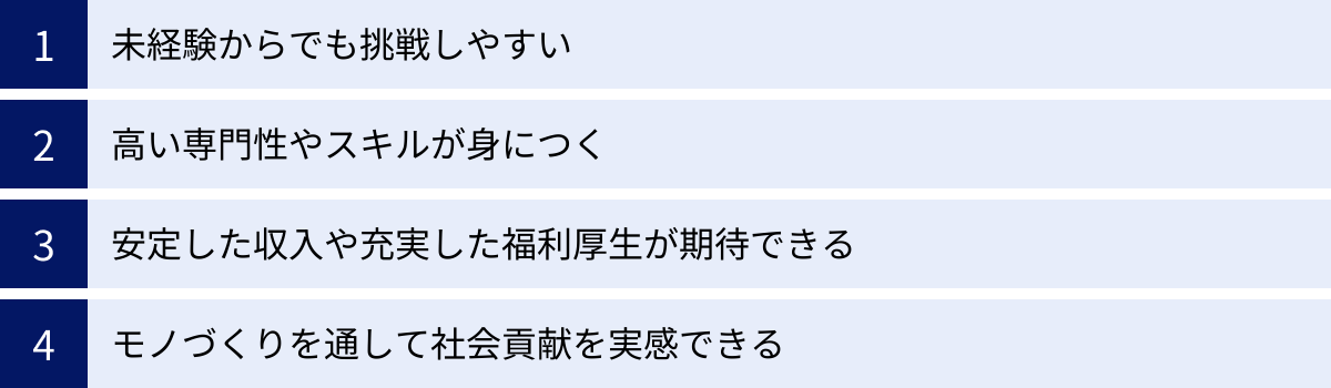未経験からでも挑戦しやすい、高い専門性やスキルが身につく、安定した収入や充実した福利厚生が期待できる、モノづくりを通して社会貢献を実感できる