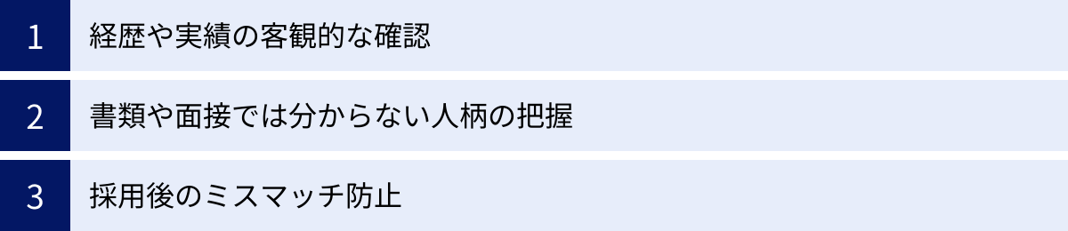 経歴や実績の客観的な確認、書類や面接では分からない人柄の把握、採用後のミスマッチ防止
