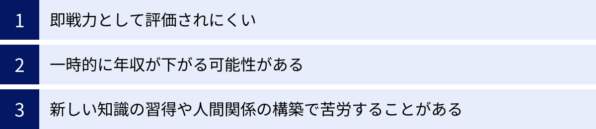 即戦力として評価されにくい、一時的に年収が下がる可能性がある、新しい知識の習得や人間関係の構築で苦労することがある