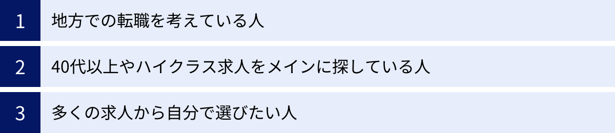 地方での転職を考えている人、40代以上やハイクラス求人をメインに探している人、多くの求人から自分で選びたい人