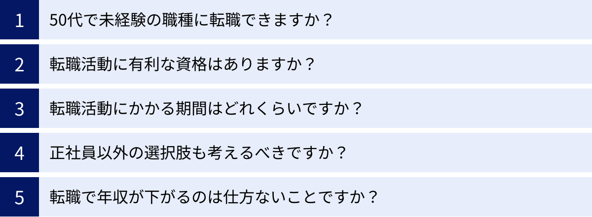50代で未経験の職種に転職できますか？、転職活動に有利な資格はありますか？、転職活動にかかる期間はどれくらいですか？、正社員以外の選択肢も考えるべきですか？、転職で年収が下がるのは仕方ないことですか？