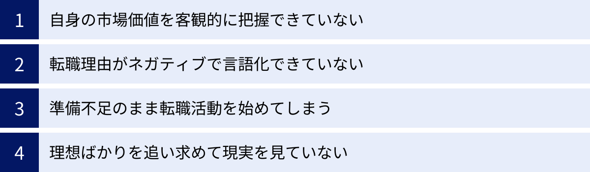 自身の市場価値を客観的に把握できていない、転職理由がネガティブで言語化できていない、準備不足のまま転職活動を始めてしまう、理想ばかりを追い求めて現実を見ていない