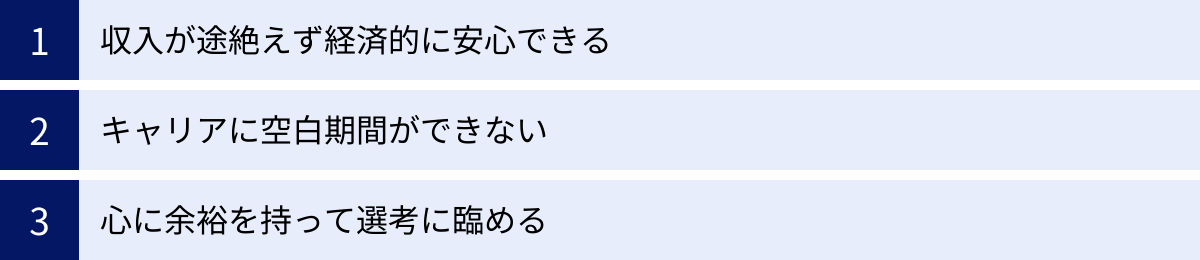 収入が途絶えず経済的に安心できる、キャリアに空白期間ができない、心に余裕を持って選考に臨める