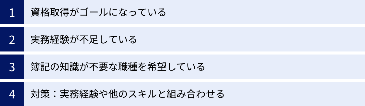 資格取得がゴールになっている、実務経験が不足している、簿記の知識が不要な職種を希望している、対策：実務経験や他のスキルと組み合わせる