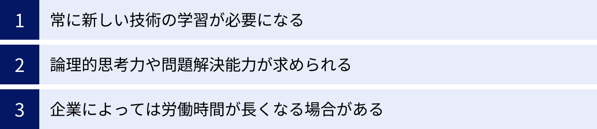 常に新しい技術の学習が必要になる、論理的思考力や問題解決能力が求められる、企業によっては労働時間が長くなる場合がある
