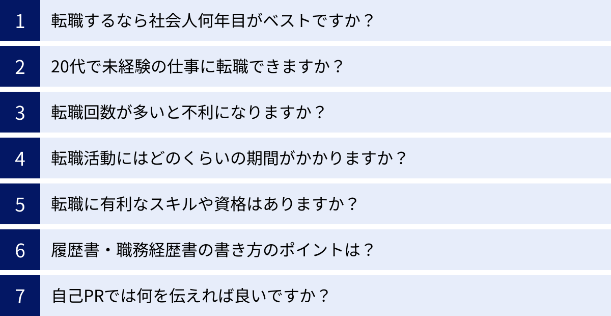 転職するなら社会人何年目がベストですか？、20代で未経験の仕事に転職できますか？、転職回数が多いと不利になりますか？、転職活動にはどのくらいの期間がかかりますか？、転職に有利なスキルや資格はありますか？、履歴書・職務経歴書の書き方のポイントは？、自己PRでは何を伝えれば良いですか？