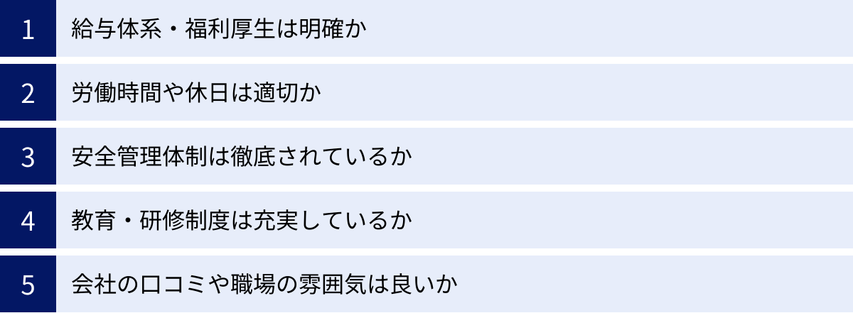 給与体系・福利厚生は明確か、労働時間や休日は適切か、安全管理体制は徹底されているか、教育・研修制度は充実しているか、会社の口コミや職場の雰囲気は良いか