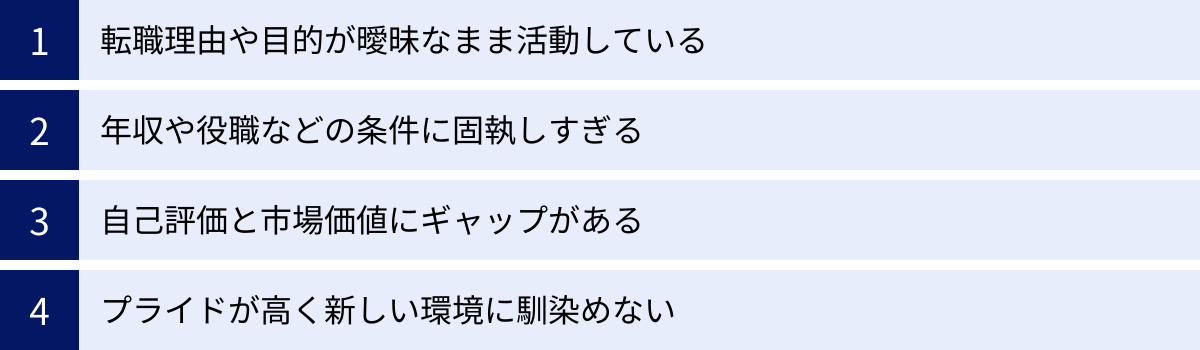 転職理由や目的が曖昧なまま活動している、年収や役職などの条件に固執しすぎる、自己評価と市場価値にギャップがある、プライドが高く新しい環境に馴染めない