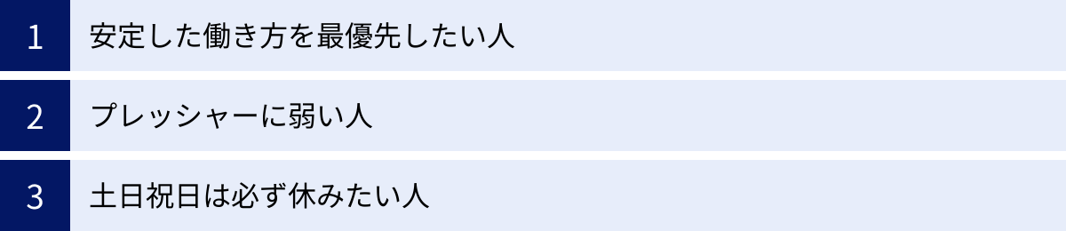 安定した働き方を最優先したい人、プレッシャーに弱い人、土日祝日は必ず休みたい人