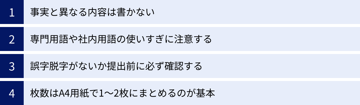 事実と異なる内容は書かない、専門用語や社内用語の使いすぎに注意する、誤字脱字がないか提出前に必ず確認する、枚数はA4用紙で1〜2枚にまとめるのが基本