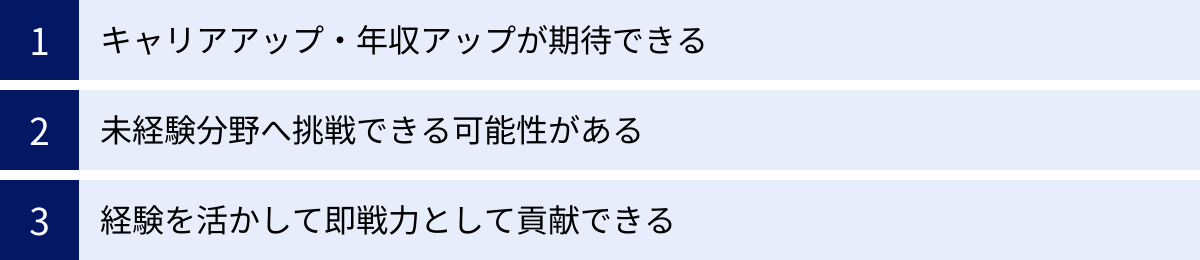 キャリアアップ・年収アップが期待できる、未経験分野へ挑戦できる可能性がある、経験を活かして即戦力として貢献できる