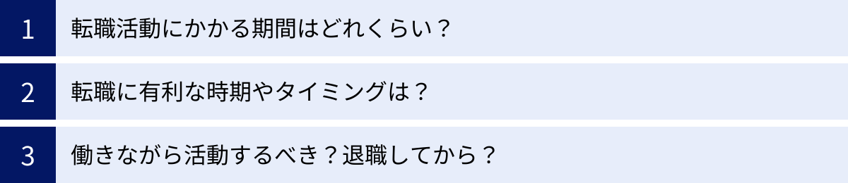 転職活動にかかる期間はどれくらい？、転職に有利な時期やタイミングは？、働きながら活動するべき？退職してから？