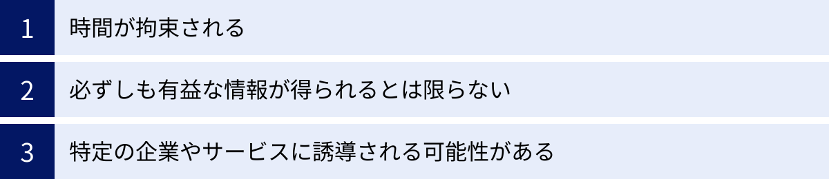 時間が拘束される、必ずしも有益な情報が得られるとは限らない、特定の企業やサービスに誘導される可能性がある