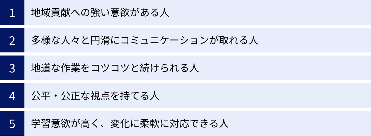 地域貢献への強い意欲がある人、多様な人々と円滑にコミュニケーションが取れる人、地道な作業をコツコツと続けられる人、公平・公正な視点を持てる人、学習意欲が高く、変化に柔軟に対応できる人