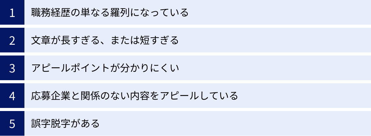職務経歴の単なる羅列になっている、文章が長すぎる、または短すぎる、アピールポイントが分かりにくい、応募企業と関係のない内容をアピールしている、誤字脱字がある