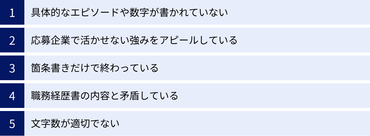 具体的なエピソードや数字が書かれていない、応募企業で活かせない強みをアピールしている、箇条書きだけで終わっている、職務経歴書の内容と矛盾している、文字数が適切でない