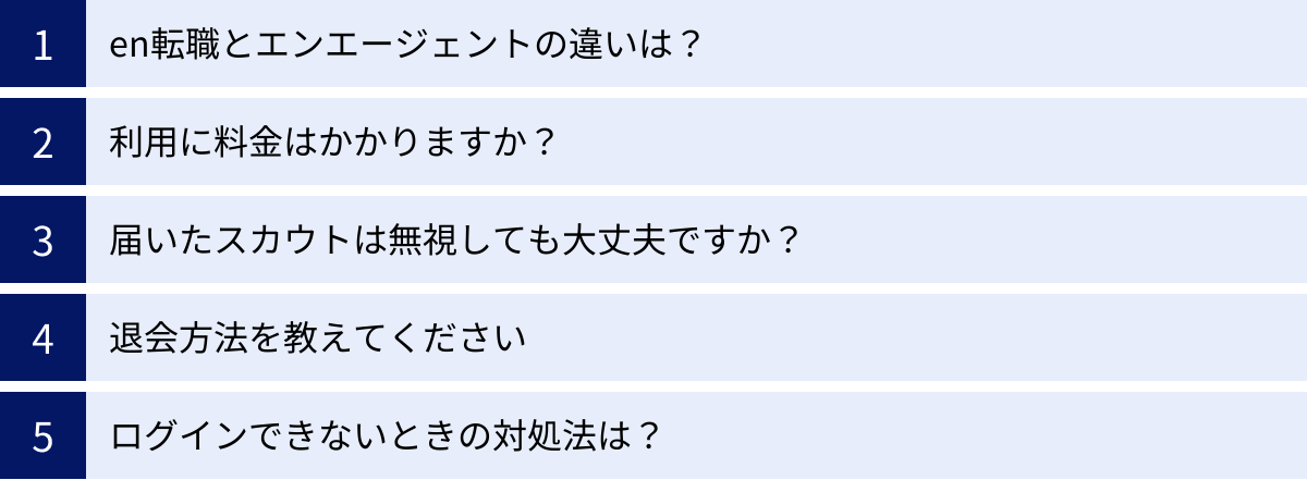 en転職とエンエージェントの違いは？、利用に料金はかかりますか？、届いたスカウトは無視しても大丈夫ですか？、退会方法を教えてください、ログインできないときの対処法は？