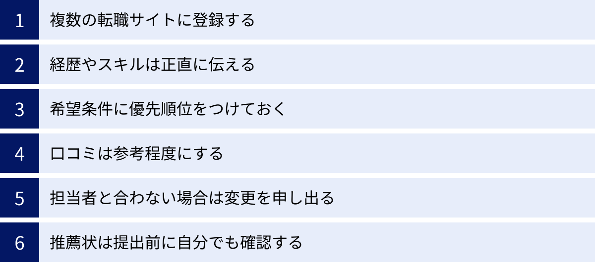 複数の転職サイトに登録する、経歴やスキルは正直に伝える、希望条件に優先順位をつけておく、口コミは参考程度にする、担当者と合わない場合は変更を申し出る、推薦状は提出前に自分でも確認する