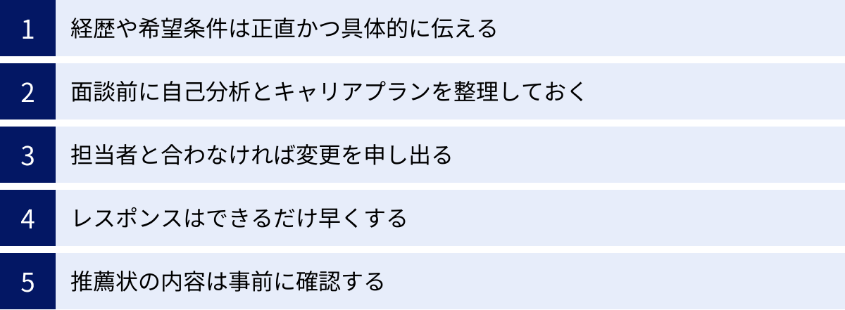 経歴や希望条件は正直かつ具体的に伝える、面談前に自己分析とキャリアプランを整理しておく、担当者と合わなければ変更を申し出る、レスポンスはできるだけ早くする、推薦状の内容は事前に確認する