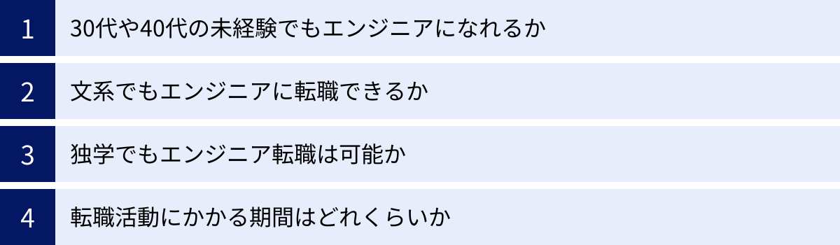 30代や40代の未経験でもエンジニアになれるか、文系でもエンジニアに転職できるか、独学でもエンジニア転職は可能か、転職活動にかかる期間はどれくらいか