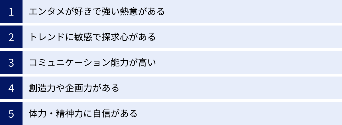 エンタメが好きで強い熱意がある、トレンドに敏感で探求心がある、コミュニケーション能力が高い、創造力や企画力がある、体力・精神力に自信がある