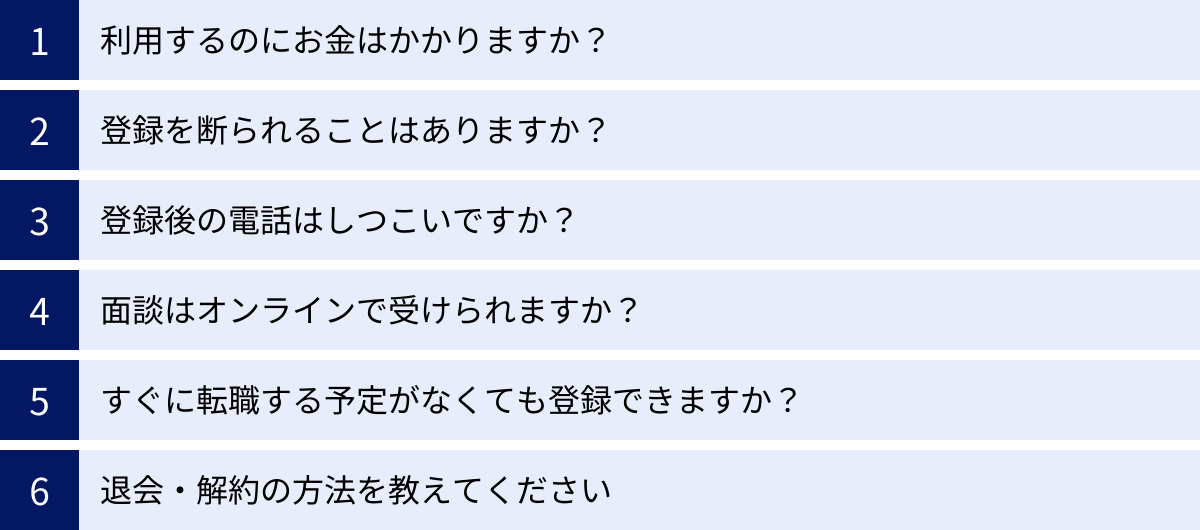 利用するのにお金はかかりますか？、登録を断られることはありますか？、登録後の電話はしつこいですか？、面談はオンラインで受けられますか？、すぐに転職する予定がなくても登録できますか？、退会・解約の方法を教えてください