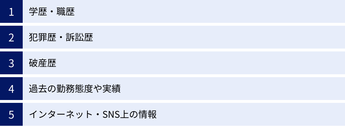 学歴・職歴、犯罪歴・訴訟歴、破産歴、過去の勤務態度や実績、インターネット・SNS上の情報