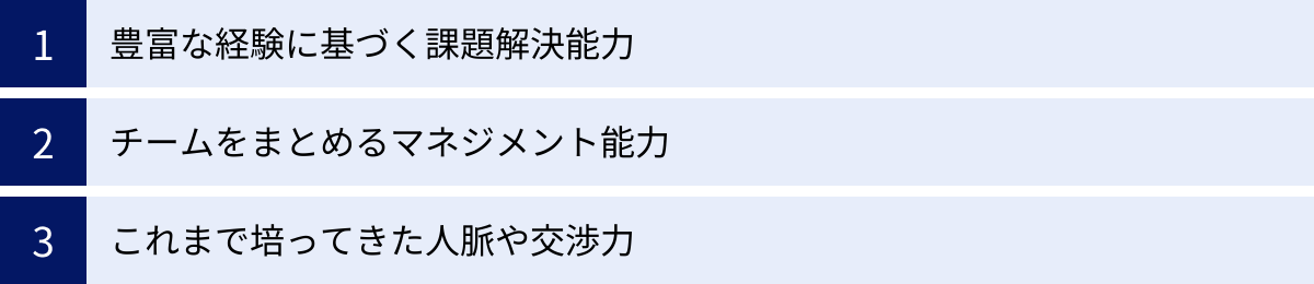 豊富な経験に基づく課題解決能力、チームをまとめるマネジメント能力、これまで培ってきた人脈や交渉力