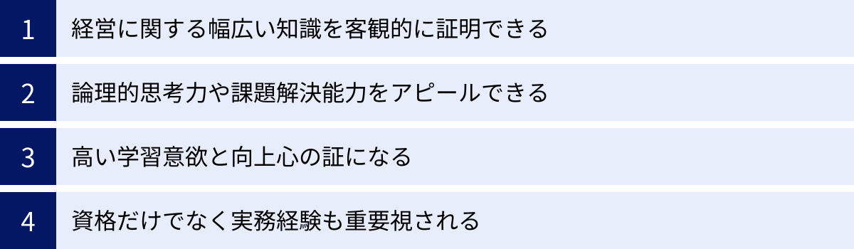 経営に関する幅広い知識を客観的に証明できる、論理的思考力や課題解決能力をアピールできる、高い学習意欲と向上心の証になる、資格だけでなく実務経験も重要視される