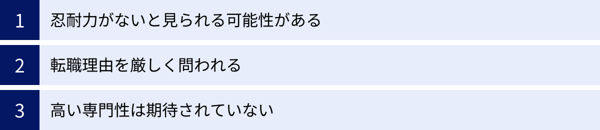 忍耐力がないと見られる可能性がある、転職理由を厳しく問われる、高い専門性は期待されていない