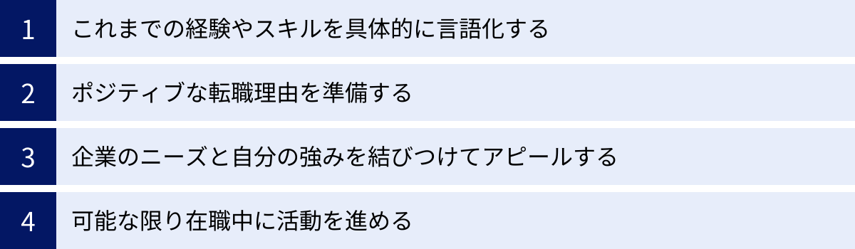 これまでの経験やスキルを具体的に言語化する、ポジティブな転職理由を準備する、企業のニーズと自分の強みを結びつけてアピールする、可能な限り在職中に活動を進める